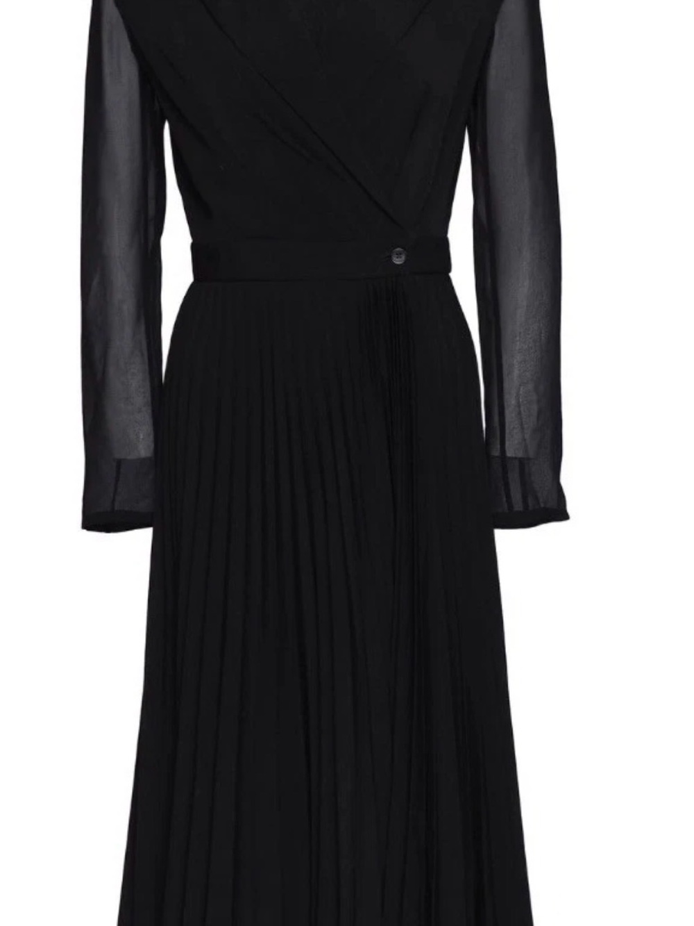 Sandro Paris Elegant Black Pleated Wrap Midi Dress with Sheer Sleeves size 38 - Picture 4 of 8